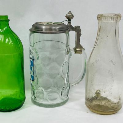 Glass bottles and stein green glass clear glass 1 qt Nelson bricks Creamery Bottle
