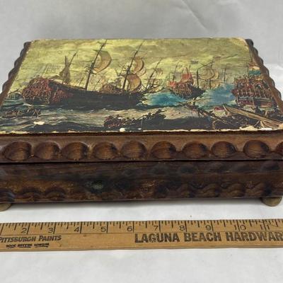 Vintage Carved Wood Hinged Box Jewelry Chest Sailing Ship image Nautical Decor
