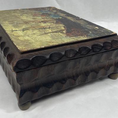 Vintage Carved Wood Hinged Box Jewelry Chest Sailing Ship image Nautical Decor