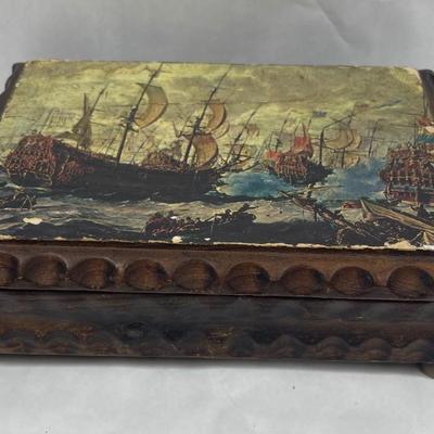 Vintage Carved Wood Hinged Box Jewelry Chest Sailing Ship image Nautical Decor