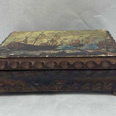 Vintage Carved Wood Hinged Box Jewelry Chest Sailing Ship image Nautical Decor