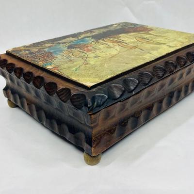 Vintage Carved Wood Hinged Box Jewelry Chest Sailing Ship image Nautical Decor