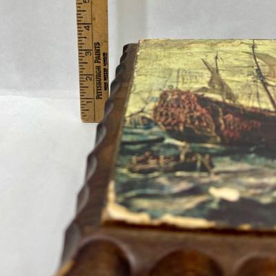Vintage Carved Wood Hinged Box Jewelry Chest Sailing Ship image Nautical Decor