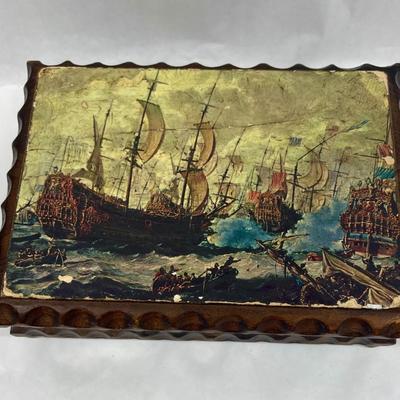 Vintage Carved Wood Hinged Box Jewelry Chest Sailing Ship image Nautical Decor