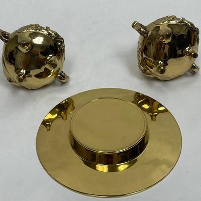 Smokers Trio Polished Brass Ashtray & 2 tri-footed lighters