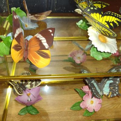 Collection of Nine Franklin Mint Butterfly Figurines with Glass and Brass Display