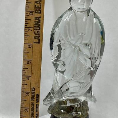 Clear Statue Crystal Goddess Buddha Kwan Yin on Brass base - believed to be Stueben