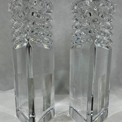 Pair of Thick Art Deco Style Clear Crystal Candleholders