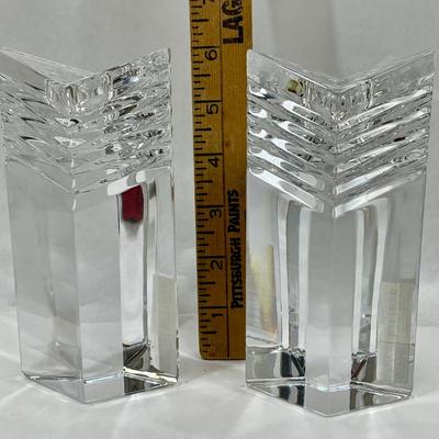 Pair of Thick Art Deco Style Clear Crystal Candleholders
