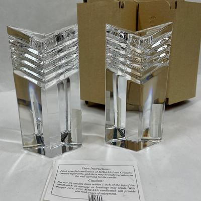 Pair of Thick Art Deco Style Clear Crystal Candleholders
