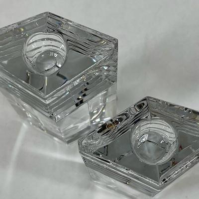 Pair of Thick Art Deco Style Clear Crystal Candleholders