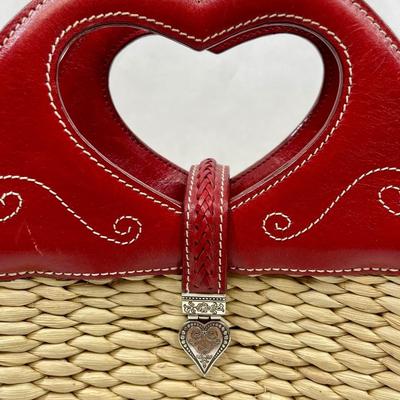 Brighton Stitched Red Leather & Rattan Straw Purse Handbag Heart-shaped Handle