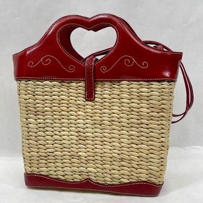 Brighton Stitched Red Leather & Rattan Straw Purse Handbag Heart-shaped Handle
