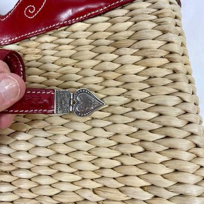 Brighton Stitched Red Leather & Rattan Straw Purse Handbag Heart-shaped Handle