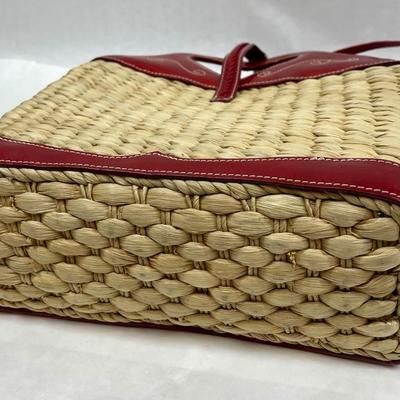 Brighton Stitched Red Leather & Rattan Straw Purse Handbag Heart-shaped Handle