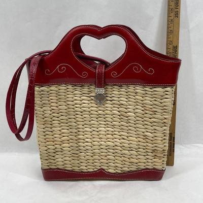 Brighton Stitched Red Leather & Rattan Straw Purse Handbag Heart-shaped Handle