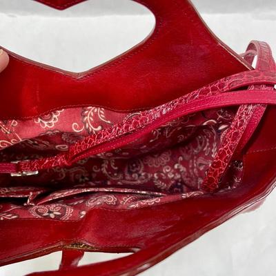 Brighton Stitched Red Leather & Rattan Straw Purse Handbag Heart-shaped Handle