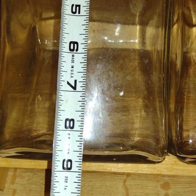 Trio of Glass Canisters with Wooden Lids and Holder