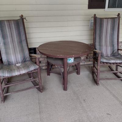 Three Piece Wooden Patio Furniture Set- Two Rocking Chairs and One Table