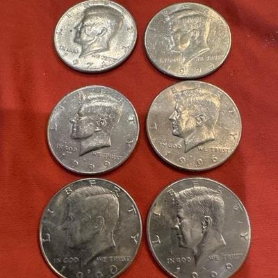 Lot of (6) KENNEDY HALF DOLLARS 1971,90,95,96,99x2 U S coins