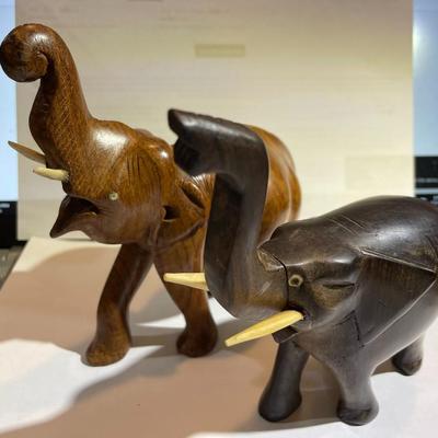 Vintage Pair of Hand Carved Wooden Elephants w/Tusks as Pictured.