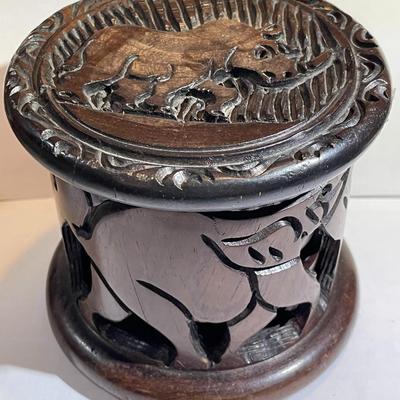 Vintage African Hand Carved Elephants and Rhinoceros Coaster Box Set w/6 Coasters as Pictured.