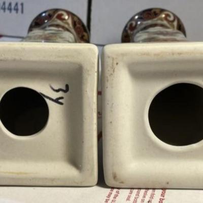 Asian Pair of Ceramic Candle Holders 8.75" Tall in Good Preowned Condition as Pictured.