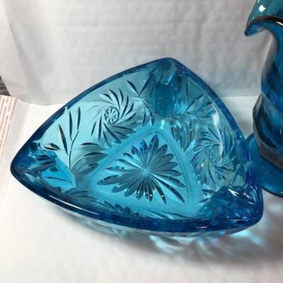 Vintage Mid Century Heavy Blue Glass Ashtray & Creamer Pitcher in Good Preowned Condition.