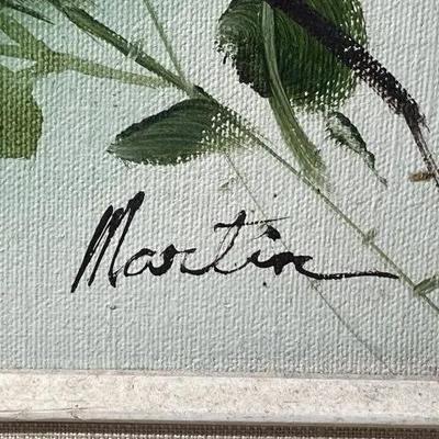 Vintage Signed Martin Oil on Artist Board 15" x 17" Bird Scene in a Light Green & Creme Colored All Wooden Frame Preowned...