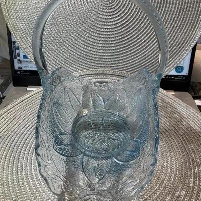 Vintage Princess House Capri Aqua Light Ice Blue Art Glass Bridal Basket 10” Blue Glass Basket Made by Fenton.