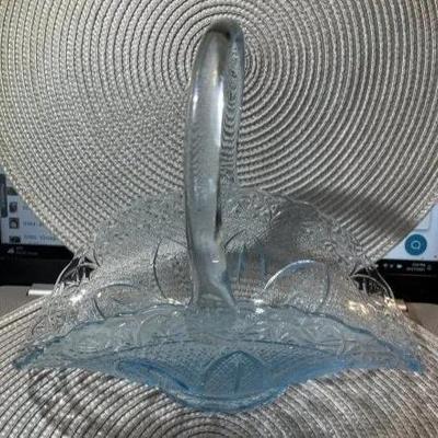 Vintage Princess House Capri Aqua Light Ice Blue Art Glass Bridal Basket 10” Blue Glass Basket Made by Fenton.