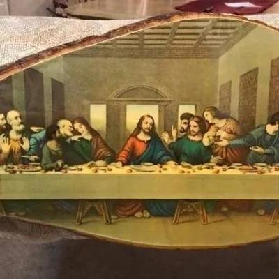 The Last Supper Large Size 12" x 21" on a Wooden Tree Slab Made in USA as Pictured.