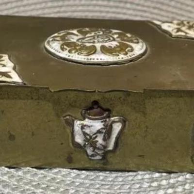 Vintage/Antique CHINESE Solid Brass Hinged Trinket Box Wooden Lined Interior 3.25" x 4.75" x 1-3/8" in Good Preowned...