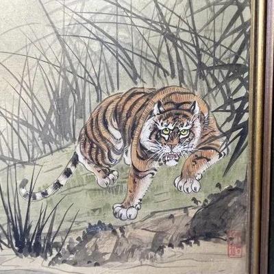 Vintage Asian Tiger Watercolor on a Silk Coated Painting Frame Size 11" x 13.25" Preowned from an Estate.