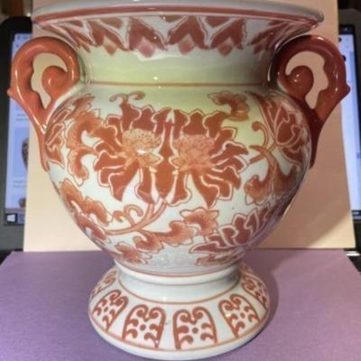 Vintage Asian Hand Painted Porcelain Double Handled Coral Colored 8" Tall Heavy Vase Preowned from an Estate in Good Condition.