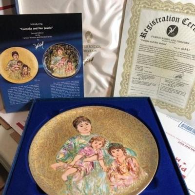 Edna Hibel Plate Cornelia and Her Jewels Gold in Original Box w/Certificate in VG Preowned Condition.