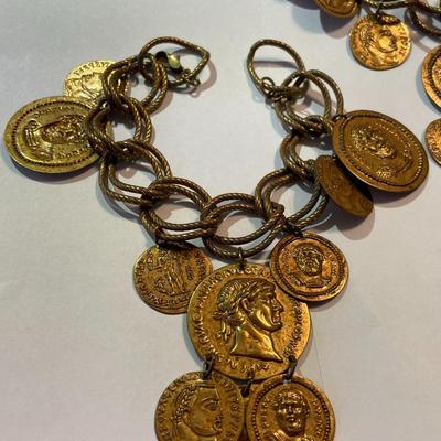 Vintage Mid-Century Brass Ancient Coin Style Necklace 19" & Charm Bracelet 7.5" in Good Preowned Condition.