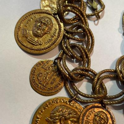 Vintage Mid-Century Brass Ancient Coin Style Necklace 19" & Charm Bracelet 7.5" in Good Preowned Condition.
