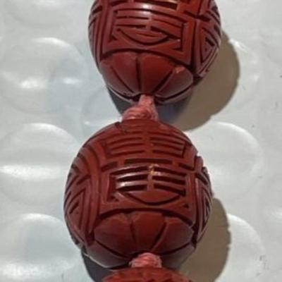 Vintage Chinese 26" Carved Cinnabar Bead Necklace Preowned from an Estate as Pictured. May Need Restringing.