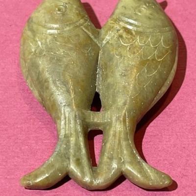 Vintage Hand Carved Asian Soapstone Double Fish Pendant Needs Stringing as Pictured in Good Condition.