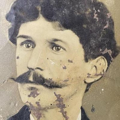 Scarce Antique Hand Colored 8x10 Tintype Photograph Man w/Waxed Mustache as Pictured. Like a Jesse James Look-a-Like...