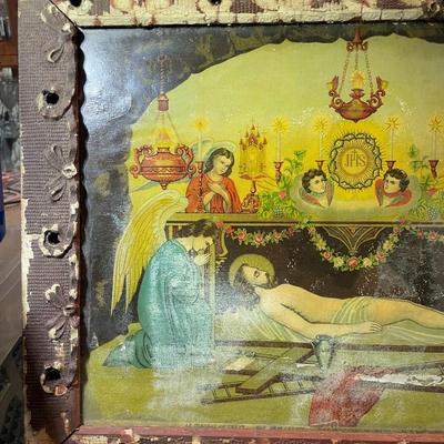 Antique Very Early Religious Bible Illustration in a Wooden Frame in Fair Preowned Condition as Pictured. (18" x 13-3/4").