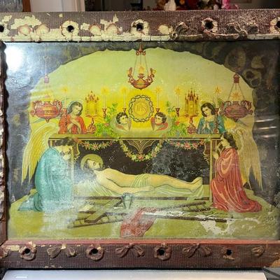 Antique Very Early Religious Bible Illustration in a Wooden Frame in Fair Preowned Condition as Pictured. (18" x 13-3/4").