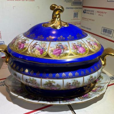 A Scarce Josef Kuba beautiful Cobalt Blue & Gold Love Story/Fragonard lidded Oval Tureen and Underplate made in Bavaria, Germany.