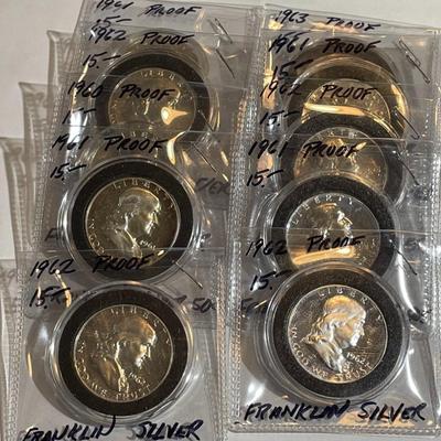 Lot of 10 Proof Franklin 90% Silver Half Dollars all in Cylinders as Pictured.