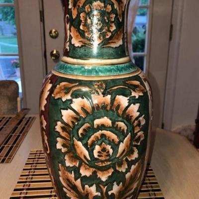 Vintage Preowned 20th Century Hand Painted Floral Vase 14-1/2” Tall Made in China as Pictured.