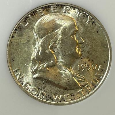 NGC Certified 1950-D MS65 Lightly Toned Franklin Silver Half Dollar as Pictured. (Has Full Bell Lines).