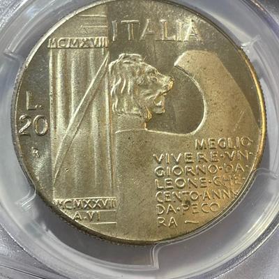 PCGS CERTIFIED ITALY 1943 PL64 CONDITION 20 LIRE - MUSSOLINI FANTASY MEDAL AS PICTURED.