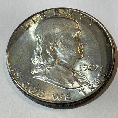 1949-P UNCIRCULATED/FBL Condition Toned Franklin Silver Half Dollar as Pictured.