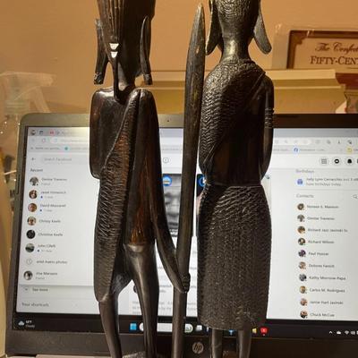 Vintage African Pair of Carved Ebony Wooden Figurines 12.75" Tall in VG Preowned Condition.